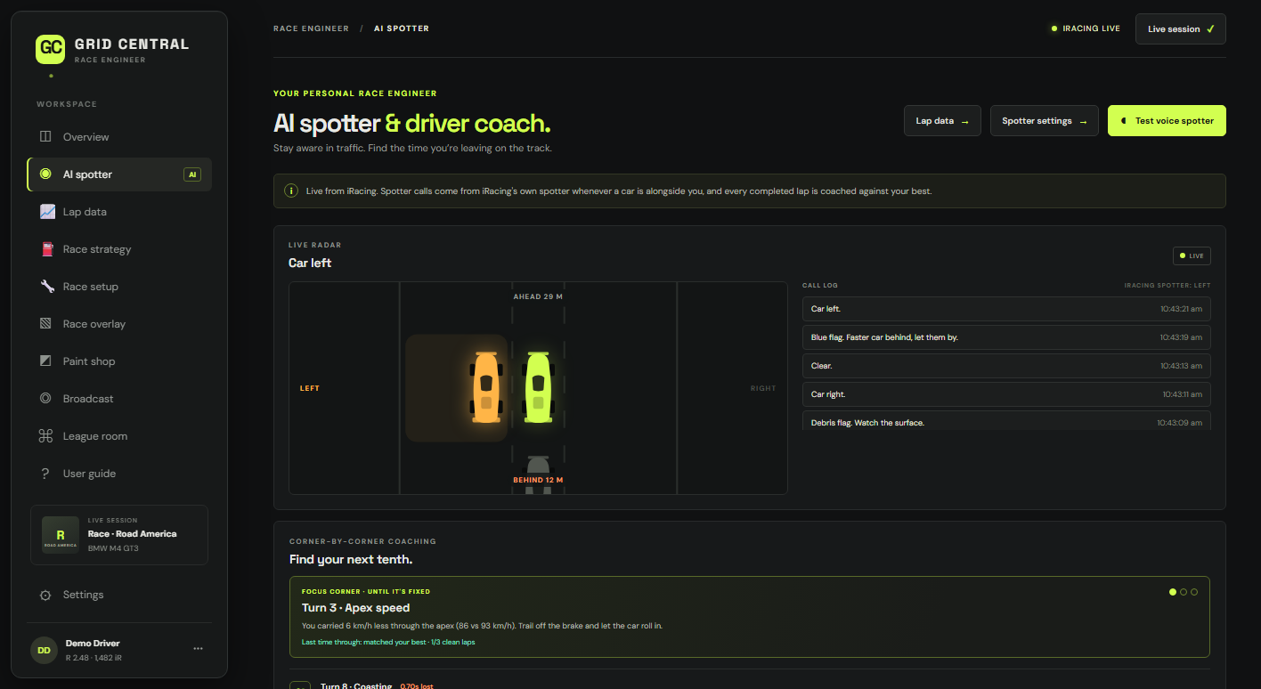 AI spotter page with the live radar, call log and corner coaching